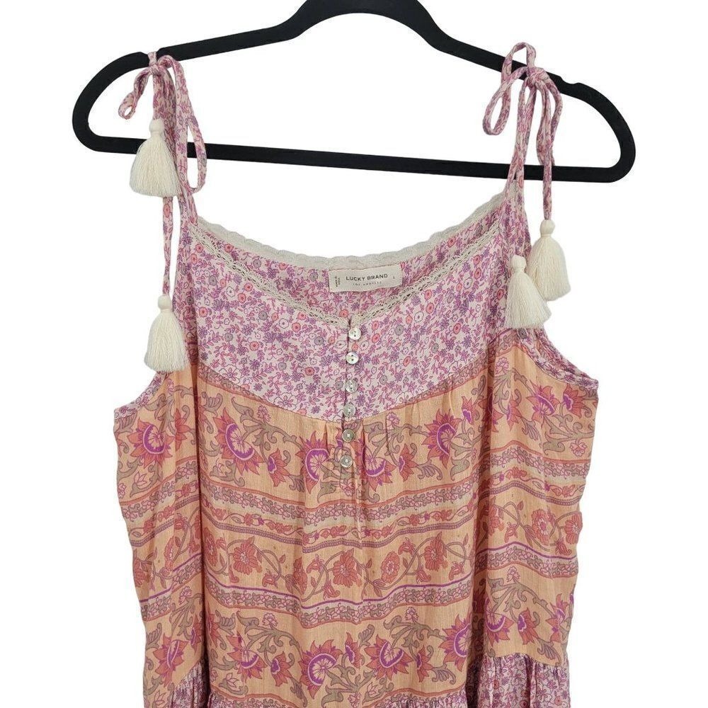 Lucky Brand Festival Boho Oversized Tiered Ruffle Baby Doll Dress Sz L‎ Pink - Picture 6 of 12